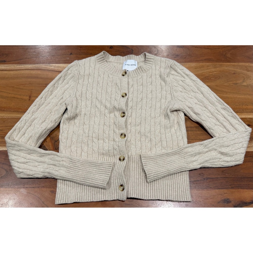 Pink Rose Cable Knit Cardigan Sweater Beige Oatmeal Crew Neck XS 5S44719